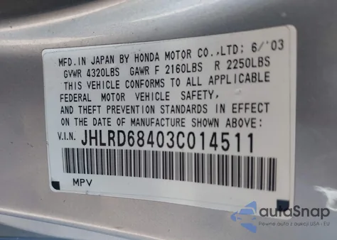 2003 Honda Cr-V Lx z USA, uszkodzony, nr VIN JHLRD68403C014511